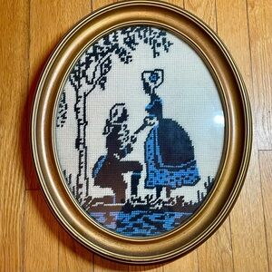 Vintage Oval Framed Needlework, Needlepoint Embroidery picture
